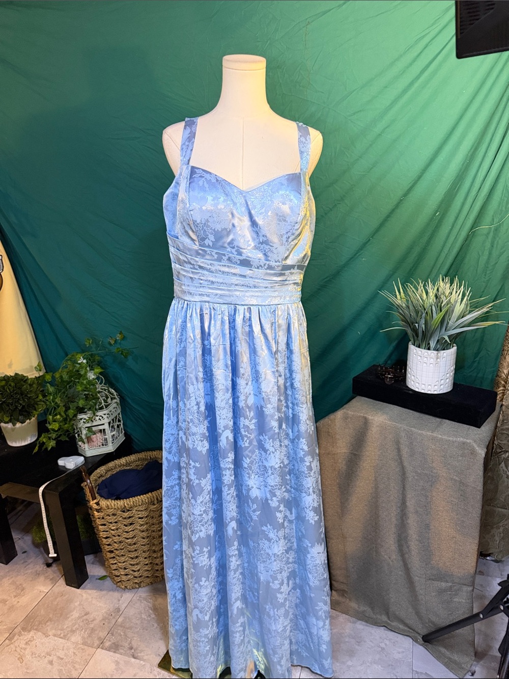 Sky Blue Floral Lace Maxi Dress with Pleated Waist